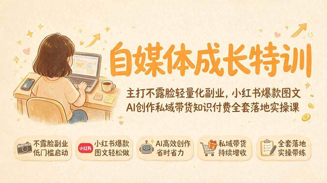 自媒体成长特训｜主打不露脸轻量化副业，小红书爆款图文AI创作私域带货知识付费全套落地实操课-云途创业网