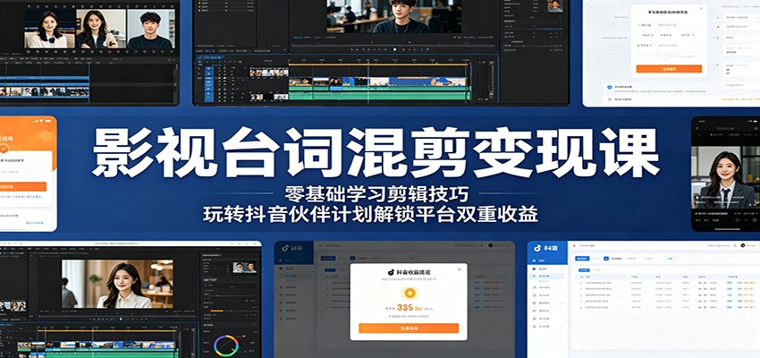影视台词混剪变现课:零基础学习剪辑技巧,玩转抖音伙伴计划解锁平台双重收益-云途创业网