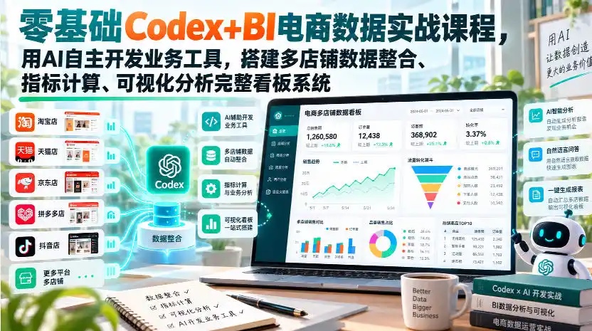 零基础Codex+BI电商数据实战课程，用AI自主开发业务工具，搭建多店铺数据整合、指标计算、可视化分析完整看板系统-云途创业网