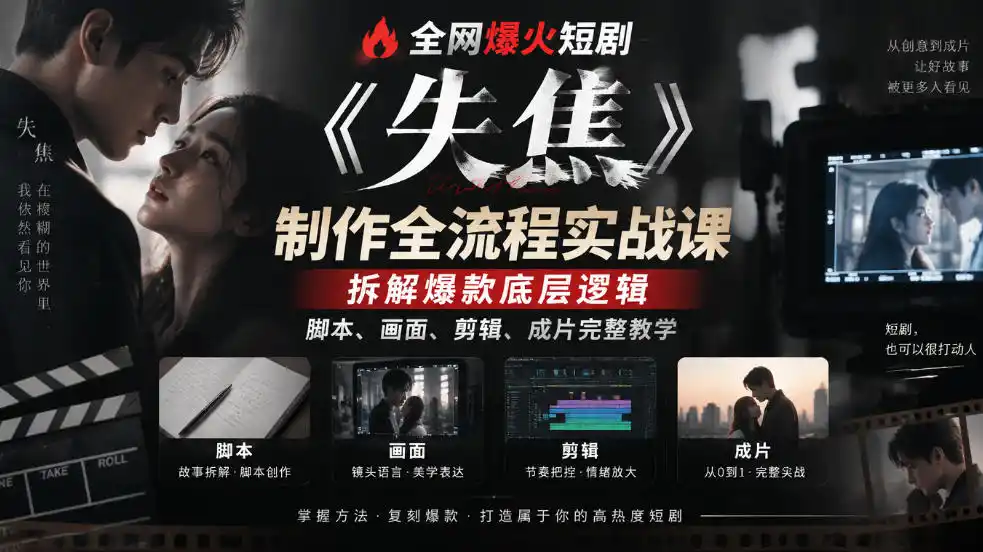 全网爆火短剧《失焦》制作全流程实战课｜拆解爆款底层逻辑，脚本、画面、剪辑、成片完整教学-云途创业网