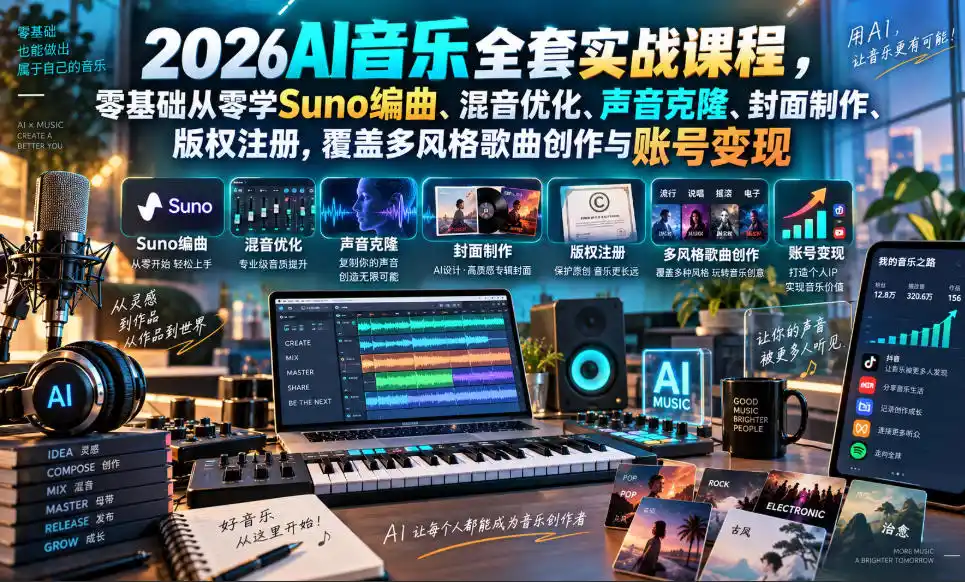 2026AI音乐实战课程，零基础从零学Suno编曲、混音优化、声音克隆、版权注册，覆盖多风格歌曲创作与账号变现-云途创业网