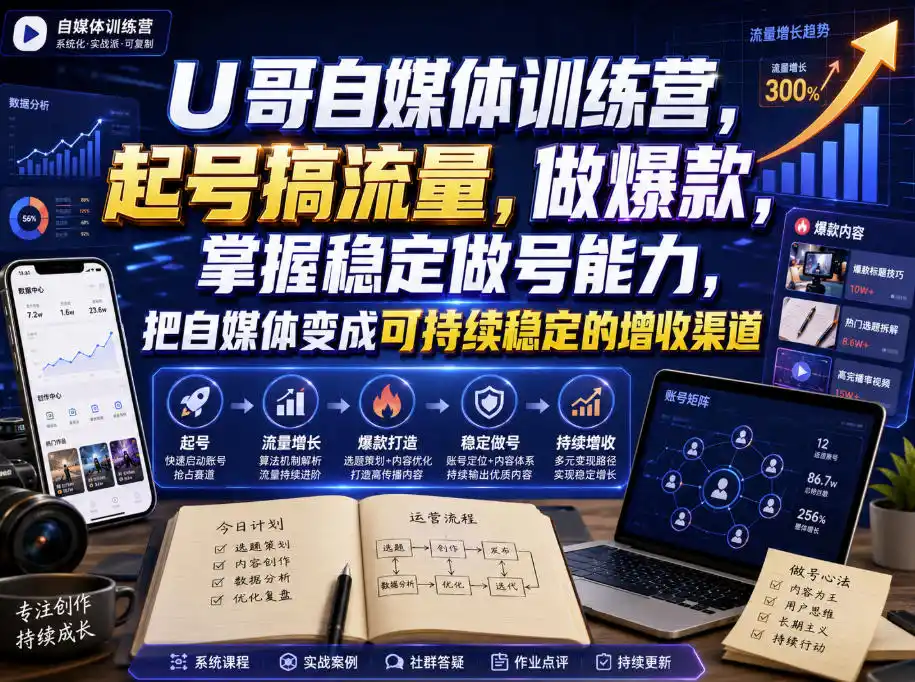 U哥自媒体训练营，起号搞流量，做爆款，掌握稳定做号能力，把自媒体变成可持续稳定的增收渠道-云途创业网