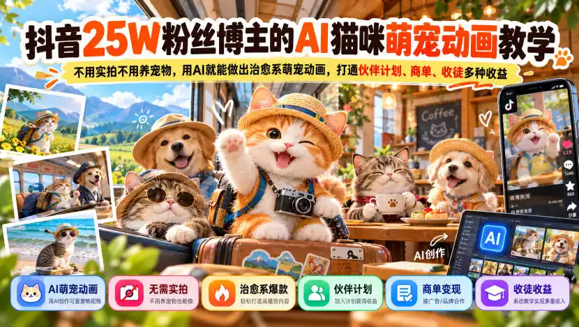 抖音25W粉丝博主的AI猫咪萌宠动画教学，不用实拍不用养宠物，用AI就能做出治愈系萌宠动画，打通伙伴计划、商单、收徒多种收益-云途创业网