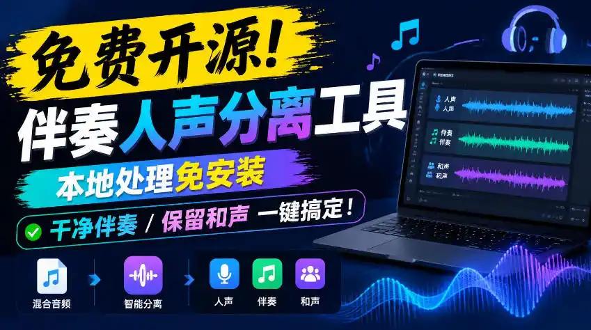 免费开源!伴奏人声分离工具,本地处理免安装,干净伴奏,保留和声一键搞定! 免费开源!伴奏人声分离工具,本地处理免安装,干净伴奏,保留和声一键搞定!