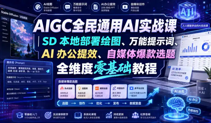AIGC全民通用AI实战课｜SD本地部署绘图、万能提示词、AI办公提效、自媒体爆款选题全维度零基础教程-云途创业网