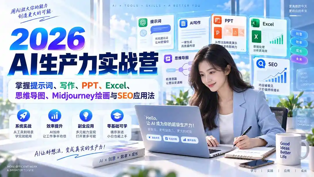 2026AI生产力实战营：掌握提示词、写作、PPT、Excel、思维导图、Midjourney绘画与SEO应用法-云途创业网