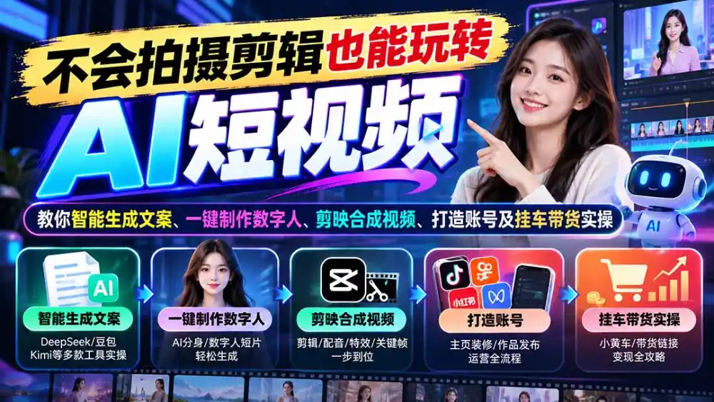 不会拍摄剪辑也能玩转AI短视频：教你智能生成文案、一键制作数字人、剪映合成视频、打造账号及挂车带货实操-云途创业网