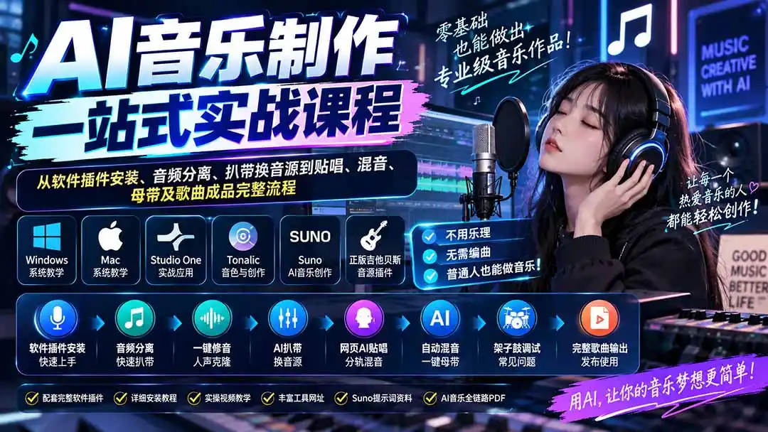 AI音乐制作一站式实战课程：从软件插件安装、音频分离、扒带换音源到贴唱、混音、母带及歌曲成品完整流程-云途创业网
