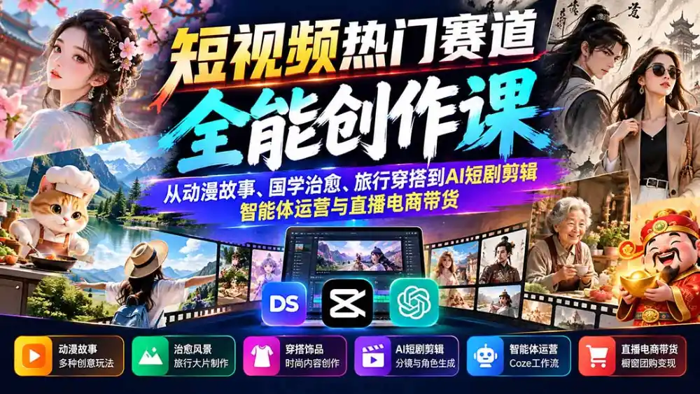 短视频热门赛道全能创作课：从动漫故事、国学治愈、旅行穿搭到AI短剧剪辑、智能体运营与直播电商带货-云途创业网