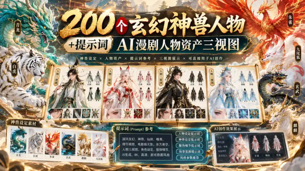 200个玄幻神兽人物+提示词ai漫剧人物资产三视图-云途创业网