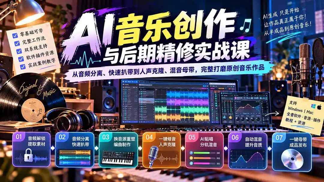 AI音乐创作与后期精修实战课：从音频分离、快速扒带到人声克隆、混音母带，完整打磨原创音乐作品-云途创业网