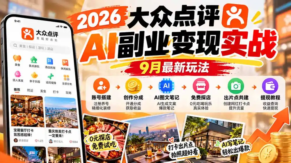 2026大众点评AI副业变现实战9月最新玩法：账号搭建+创作分成+AI图文笔记+免费探店+出片点共建与提现教程-云途创业网