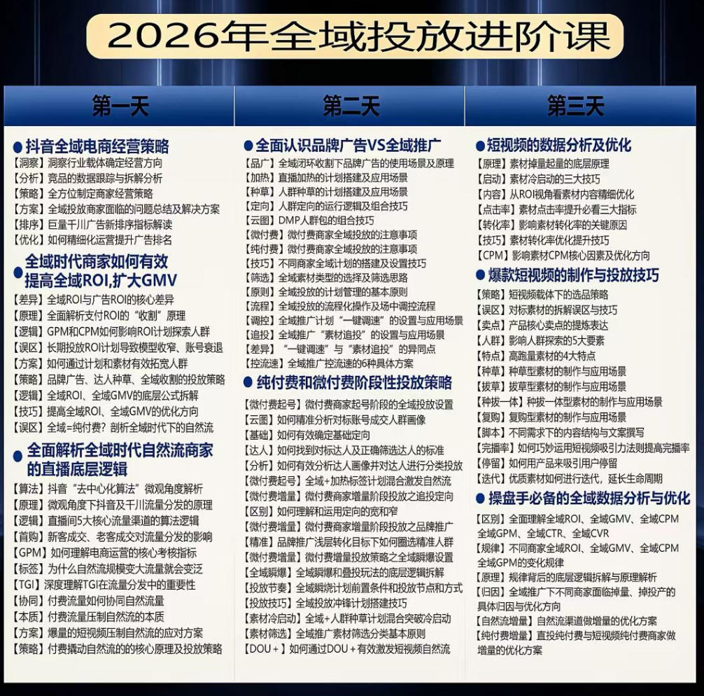 千川扫地僧2026抖音全域投放进阶课,少走弯路·快速起量·掌控增长,6月12-14号杭州线下课(更新)-云途创业网