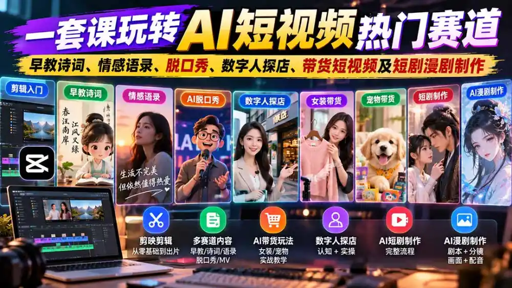 一套课玩转AI短视频热门赛道：早教诗词、情感语录、脱口秀、数字人探店、带货短视频及短剧漫剧制作 复制标题-云途创业网