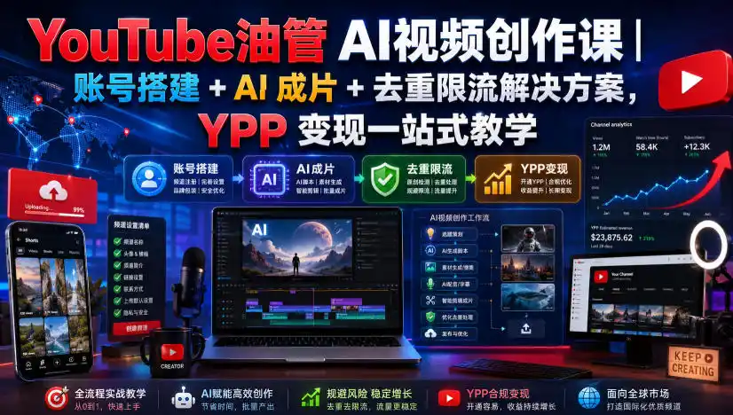 YouTube油管AI视频创作课｜账号搭建+AI成片+去重限流解决方案，YPP变现一站式教学(更新0809)-云途创业网
