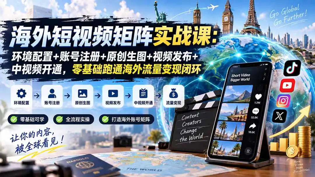 海外短视频矩阵实战课：环境配置+账号注册+原创生图+视频发布+中视频开通，零基础跑通海外流量变现闭环-云途创业网