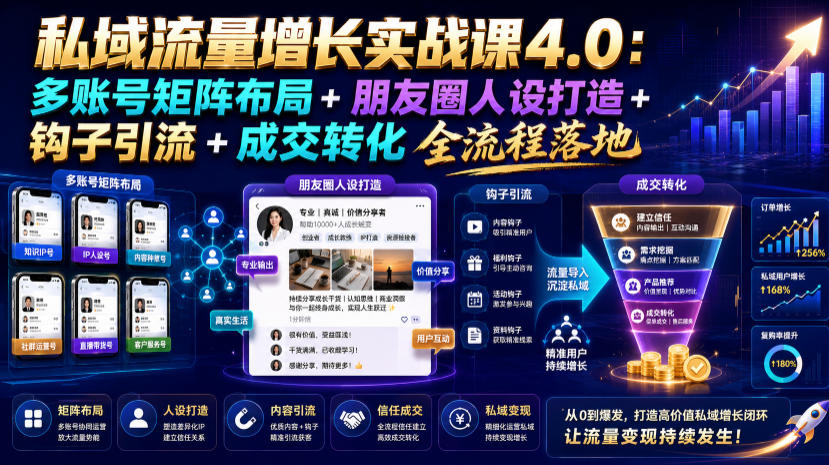 私域流量增长实战课4.0:多账号矩阵布局+朋友圈人设打造+钩子引流+成交转化全流程落地-云途创业网