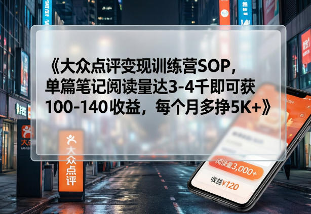 大众点评变现训练营SOP,单篇笔记阅读量达3-4千即可获100-140收益,每个月多挣5K+-云途创业网