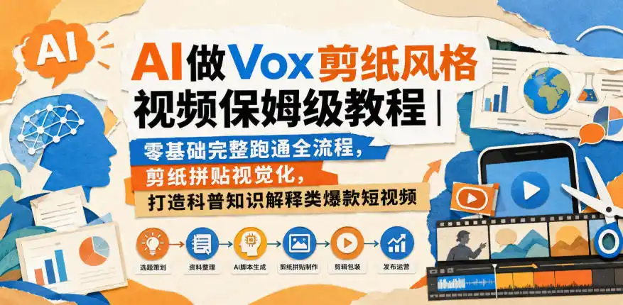 AI做Vox剪纸风格视频保姆级教程｜零基础完整跑通全流程，剪纸拼贴视觉化，打造科普知识解释类爆款短视频-云途创业网