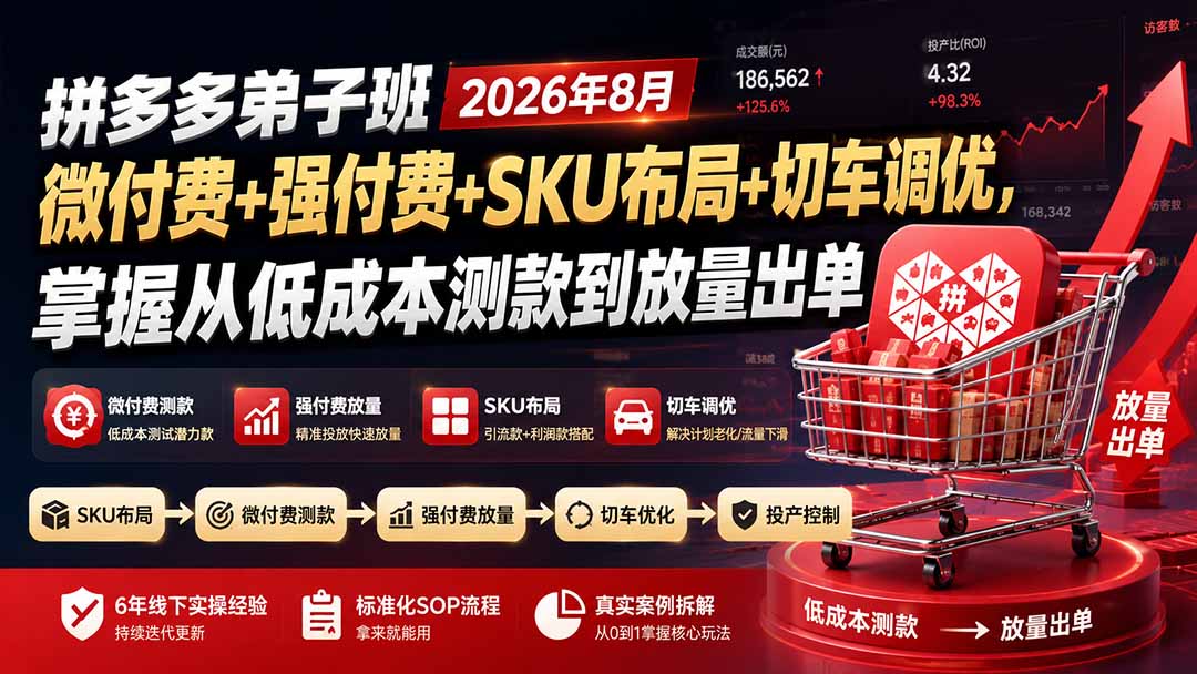 拼多多弟子班2026年8月：微付费+强付费+SKU布局+切车调优，掌握从低成本测款到放量出单-云途创业网