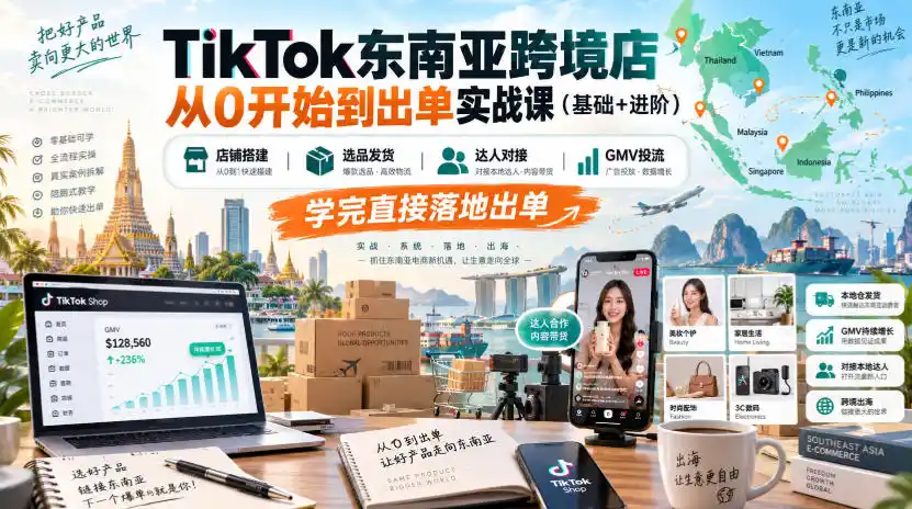 TikTok东南亚跨境店从0开始到出单实战课(基础+进阶)，店铺搭建、选品发货、达人对接、GMV投流，学完直接落地出单-云途创业网