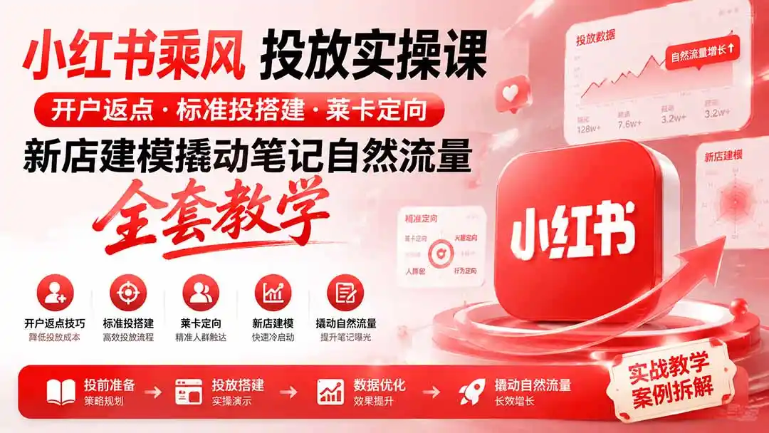 小红书乘风投放-100分钟实操课｜开户返点·标准投搭建·莱卡定向，新店建模撬动笔记自然流量全套教学-云途创业网