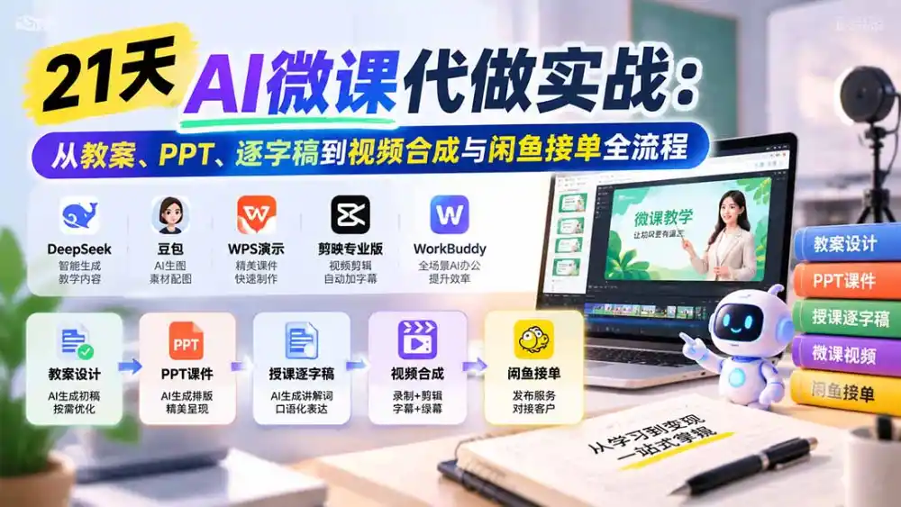 21天AI微课代做实战：从教案、PPT、逐字稿到视频合成与闲鱼接单全流程-云途创业网