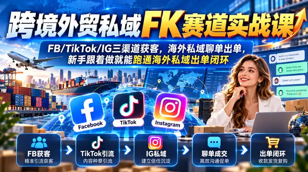 跨境外贸私域FK赛道实战课｜FB/TikTok/IG三渠道获客，海外私域聊单出单，新手跟着做就能跑通海外私域出单闭环-云途创业网