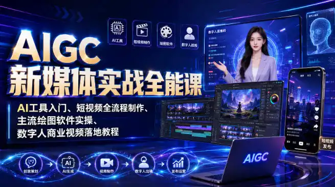 AIGC新媒体实战全能课｜AI工具入门、短视频全流程制作、主流绘图软件实操、数字人商业视频落地教程-云途创业网