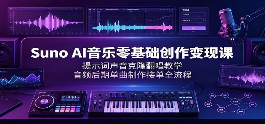 Suno AI音乐零基础创作变现课：提示词声音克隆翻唱教学，音频后期单曲制作接单全流程-云途创业网