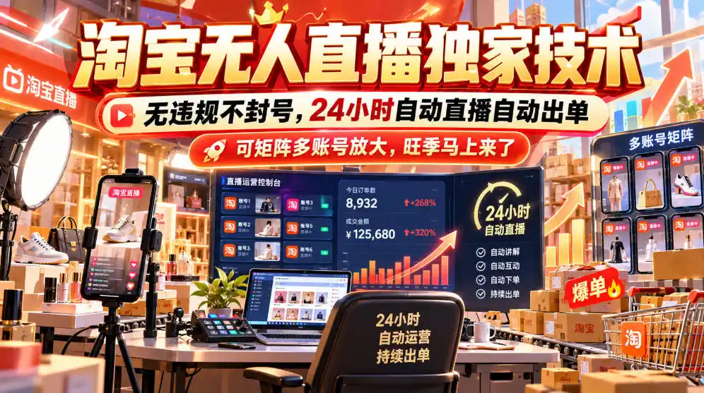 淘宝无人直播独家技术，无违规不封号，24小时自动直播自动出单，可矩阵多账号放大，旺季马上来了【揭秘】-云途创业网