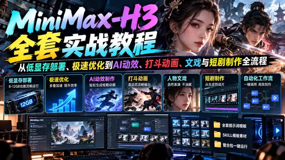 MiniMax-H3全套实战教程:从低显存部署、极速优化到AI动效、打斗动画、文戏与短剧制作全流程 MiniMax-H3全套实战教程:从低显存部署、极速优化到AI动效、打斗动画、文戏与短剧制作全流程