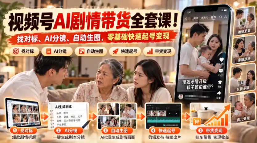 视频号AI剧情带货全套课！找对标、AI分镜、自动生图，零基础快速起号变现-云途创业网