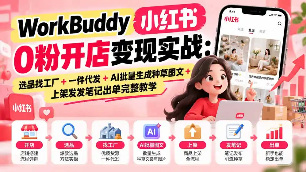 WorkBuddy小红书0粉开店变现实战：选品找工厂+一件代发+AI批量生成种草图文+上架发发笔记出单完整教学-云途创业网