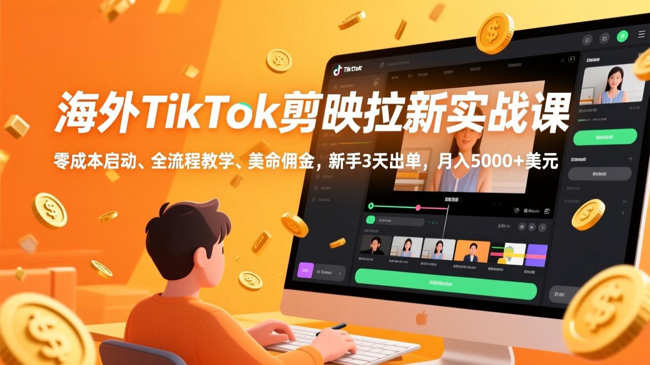 海外TikTok剪映拉新实战课，零成本启动、全流程教学、美金佣金，新手3天出单，月入5000+美元-云途创业网