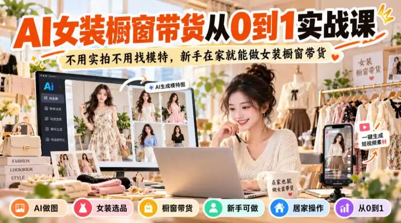 AI女装橱窗带货从0到1实战课，不用实拍不用找模特，新手在家就能做女装橱窗带货-云途创业网