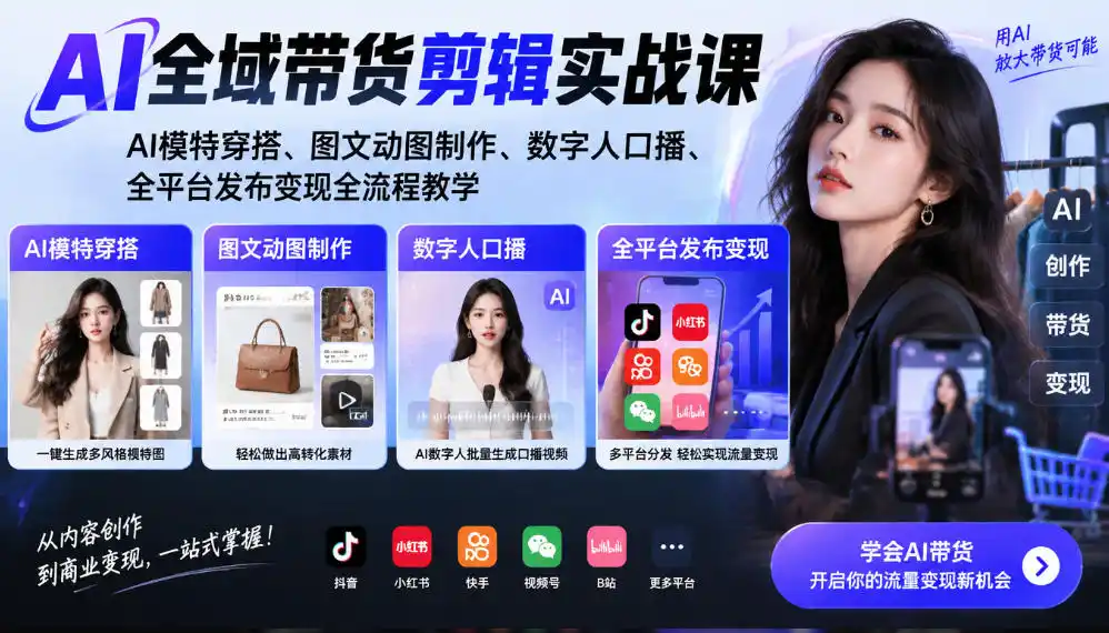 AI全域带货剪辑实战课｜AI模特穿搭、图文动图制作、数字人口播、全平台发布变现全流程教学-云途创业网