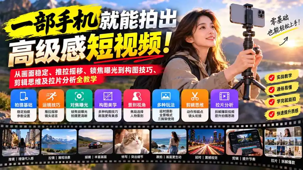 一部手机就能拍出高级感短视频！从画面稳定、推拉摇移、锁焦曝光到构图技巧、剪辑思维及拉片分析全教学-云途创业网