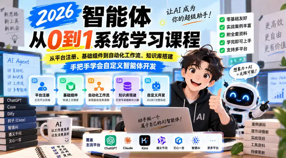 2026智能体从0到1系统学习课程，从平台注册、基础组件到自动化工作流、知识库搭建，手把手学会自定义智能体开发-云途创业网