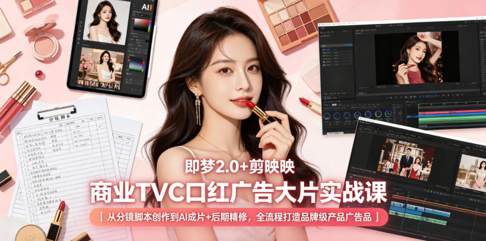 即梦2.0+剪映商业TVC口红广告大片实战课|从分镜脚本创作到AI成片+后期精修,全流程打造品牌级产品广告-云途创业网
