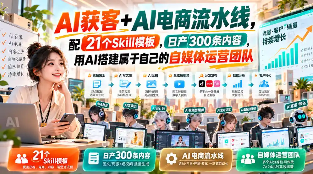 AI获客+AI电商流水线，配21个Skill模板，日产300条内容，用AI搭建属于自己的自媒体运营团队-云途创业网