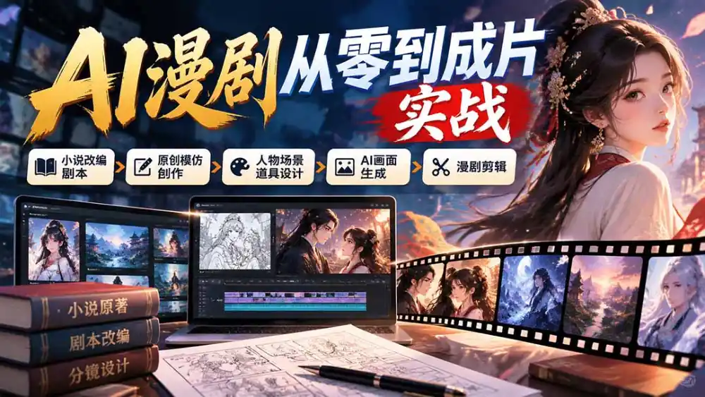 AI漫剧从零到成片实战：小说改编剧本、原创模仿创作、人物场景道具设计、AI画面生成与漫剧剪辑