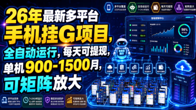 26年最新多平台手机挂G项目，全自动运行，每天可提现，单机900-1500月，可矩阵放大【揭秘】-云途创业网