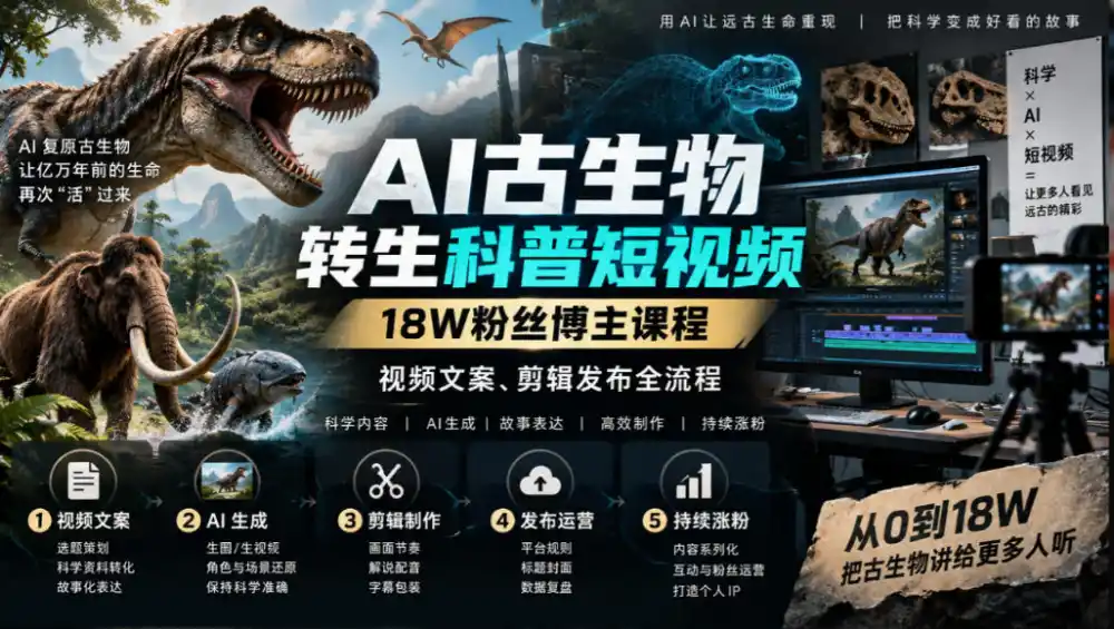 AI古生物转生科普短视频，18W粉丝博主课程，视频文案、剪辑发布全流程-云途创业网
