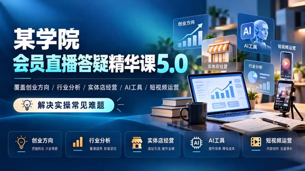 某学院会员直播答疑精华课5.0：覆盖创业方向、行业分析、实体店经营、AI工具和短视频运营，解决实操常见难题！-云途创业网