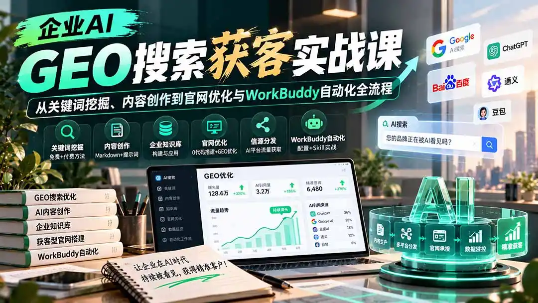 企业AI GEO搜索获客实战课：从关键词挖掘、内容创作到官网优化与WorkBuddy自动化全流程-云途创业网