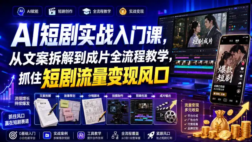 AI短剧实战入门课，从文案拆解到成片全流程教学，抓住短剧流量变现风口-云途创业网