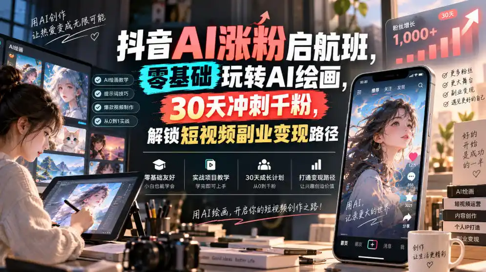 抖音AI涨粉启航班,零基础玩转AI绘画,30天冲刺千粉,解锁短视频副业变现路径-云途创业网