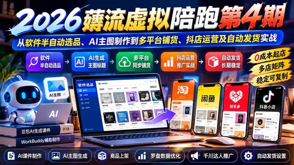 2026薅流虚拟陪跑第4期：从软件半自动选品、AI主图制作到多平台铺货、抖店运营及自动发货实战