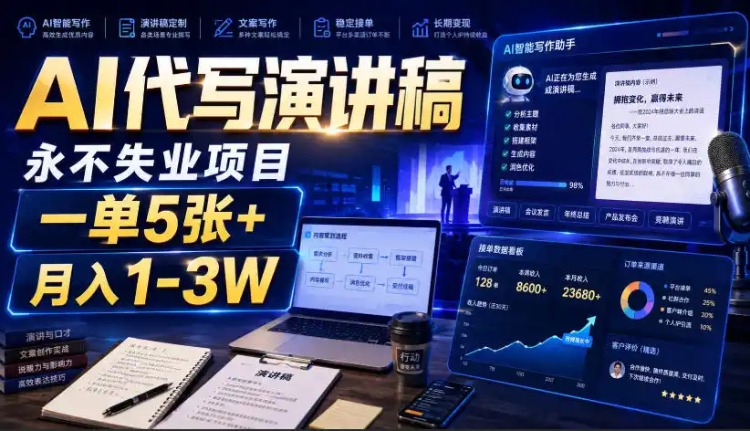 AI代写演讲稿，永不失业项目，一单5张+，月入1-3W【揭秘】-云途创业网